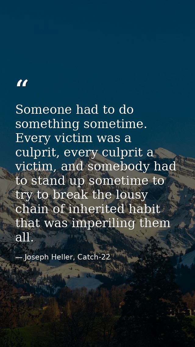 Someone had to do something sometime. Every victim was a culprit, every culprit a victim, and somebody had to stand up s — Joseph Heller, Catch-22