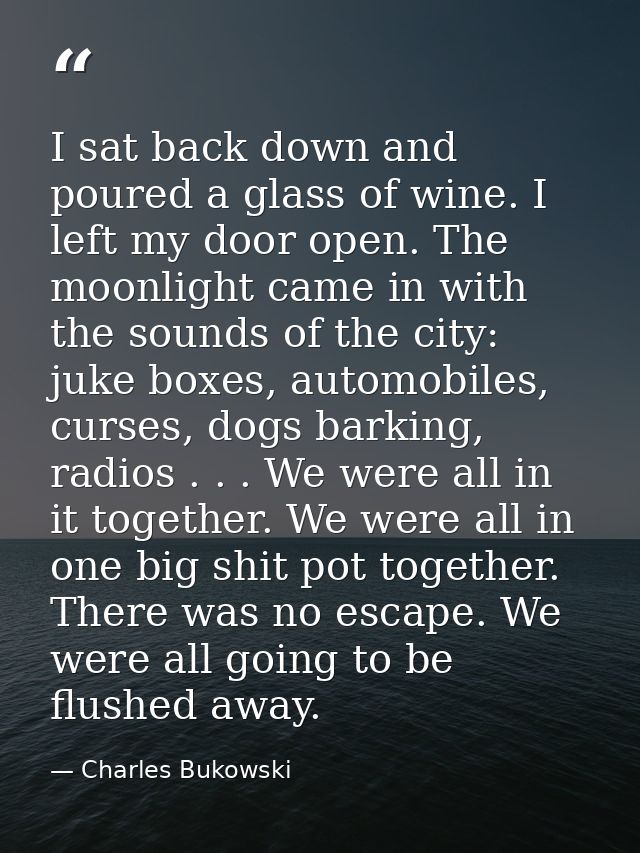 I sat back down and poured a glass of wine. I left my door open. The moonlight came in with the sounds of the city: juke — Charles Bukowski