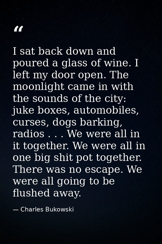 I sat back down and poured a glass of wine. I left my door open. The moonlight came in with the sounds of the city: juke — Charles Bukowski