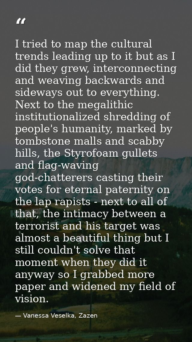 I tried to map the cultural trends leading up to it but as I did they grew, interconnecting and weaving backwards and si — Vanessa Veselka, Zazen