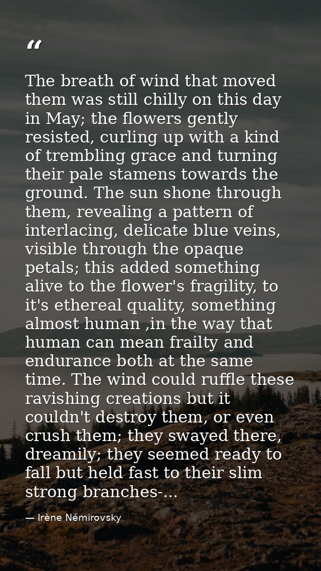 The breath of wind that moved them was still chilly on this day in May; the flowers gently resisted, curling up with a k — Irène Némirovsky