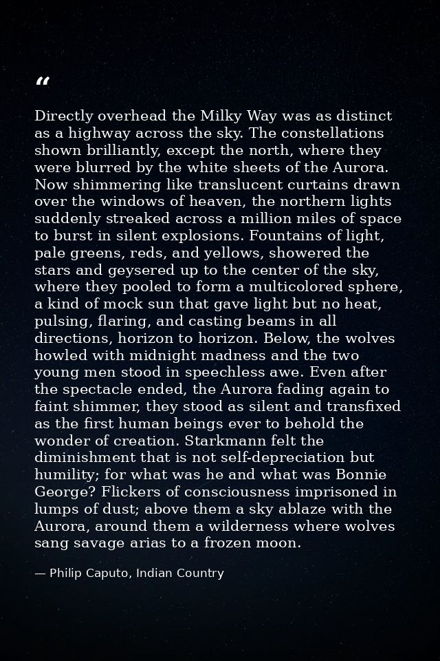 Directly overhead the Milky Way was as distinct as a highway across the sky. The constellations shown brilliantly, excep — Philip Caputo, Indian Country