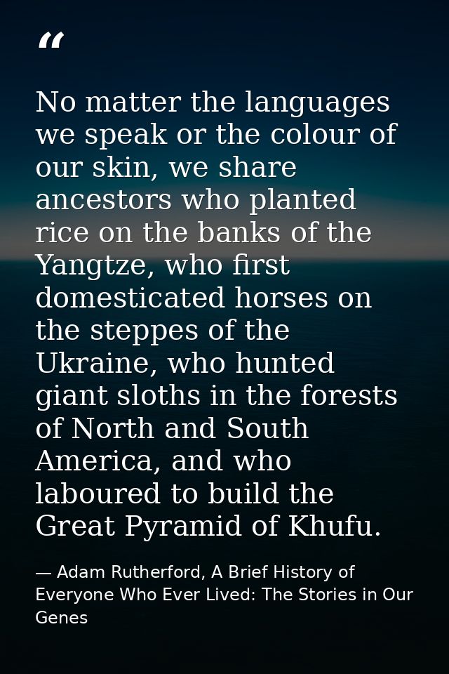 No matter the languages we speak or the colour of our skin, we share ancestors who planted rice on the banks of the Yang — Adam Rutherford, A Brief History of Everyone Who Ever Lived: The Stories in Our Genes