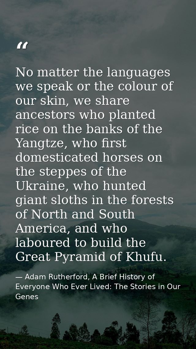 No matter the languages we speak or the colour of our skin, we share ancestors who planted rice on the banks of the Yang — Adam Rutherford, A Brief History of Everyone Who Ever Lived: The Stories in Our Genes