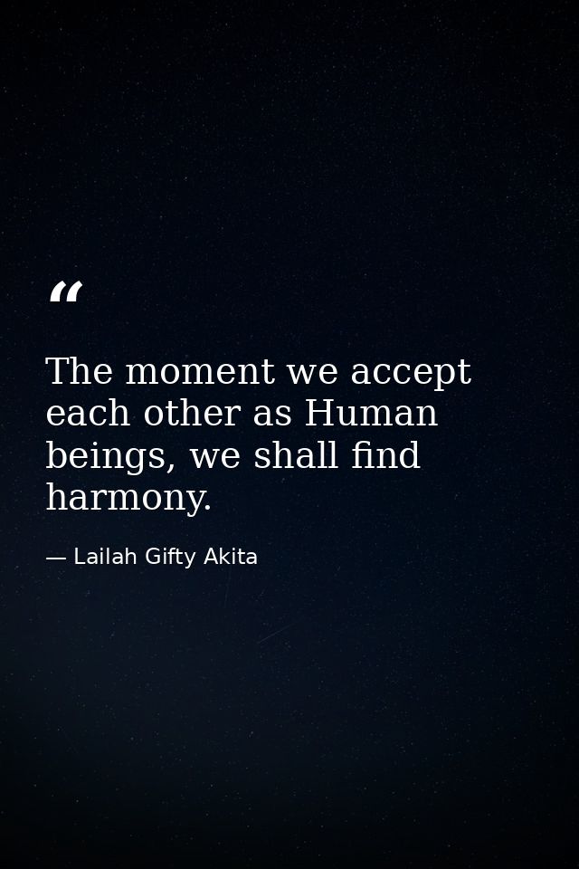 The moment we accept each other as Human beings, we shall find harmony. — Lailah Gifty Akita