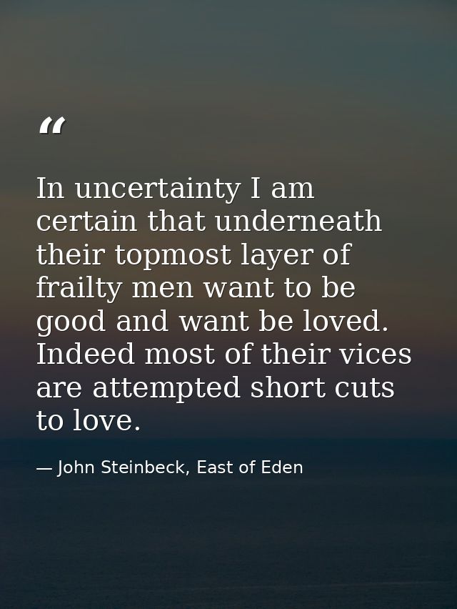 In uncertainty I am certain that underneath their topmost layer of frailty men want to be good and want be loved. Indeed — John Steinbeck, East of Eden