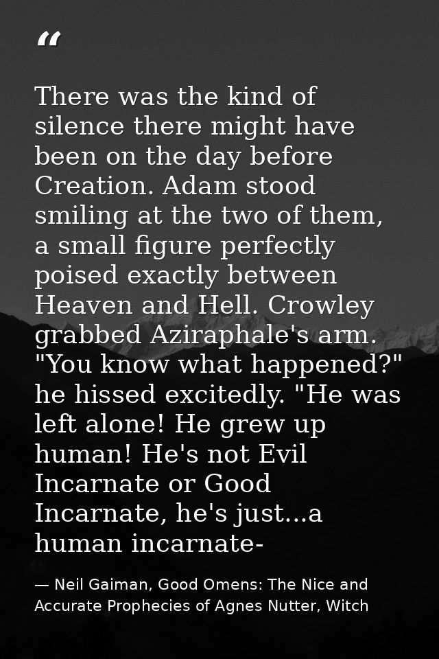 There was the kind of silence there might have been on the day before Creation. Adam stood smiling at the two of them, a — Neil Gaiman, Good Omens: The Nice and Accurate Prophecies of Agnes Nutter, Witch