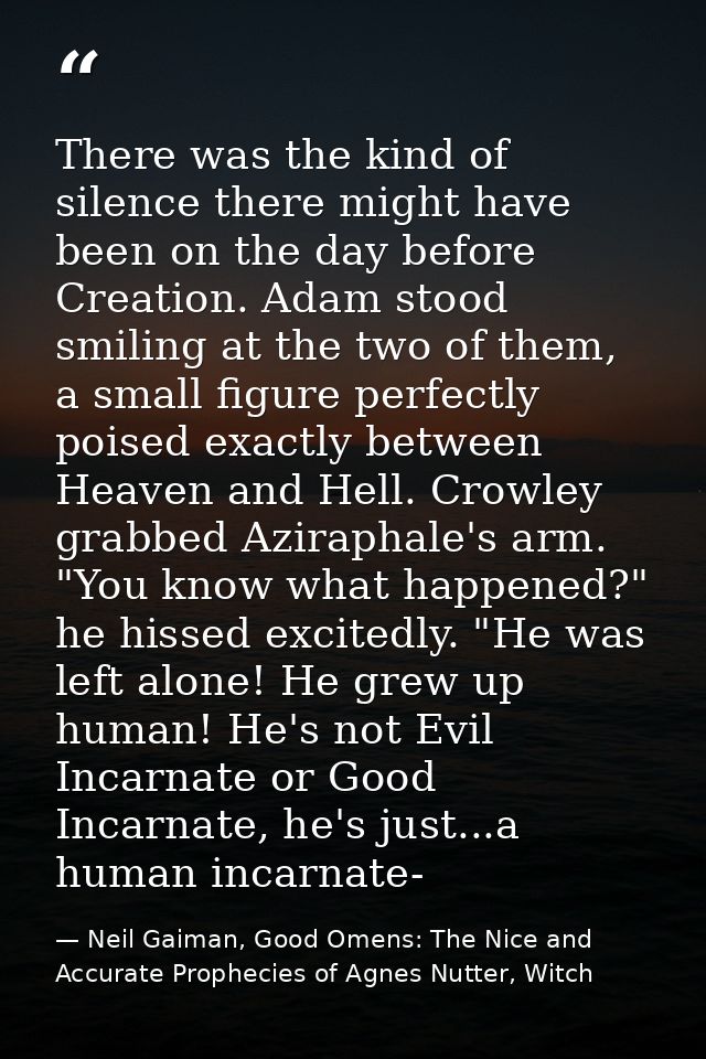 There was the kind of silence there might have been on the day before Creation. Adam stood smiling at the two of them, a — Neil Gaiman, Good Omens: The Nice and Accurate Prophecies of Agnes Nutter, Witch