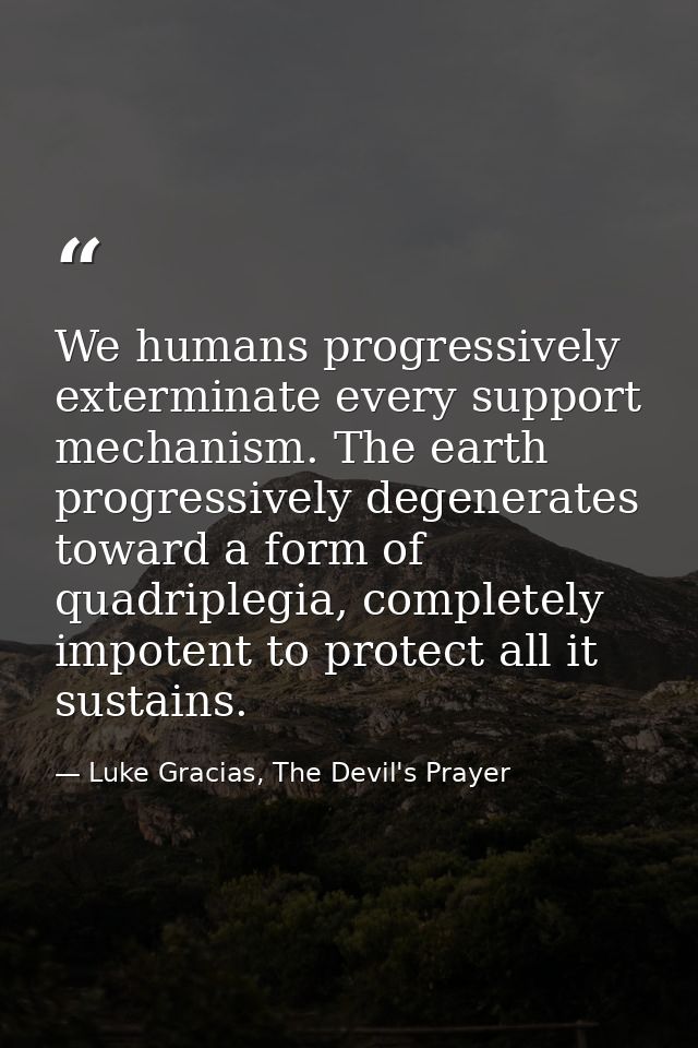 We humans progressively exterminate every support mechanism. The earth progressively degenerates toward a form of quadri — Luke Gracias, The Devil's Prayer