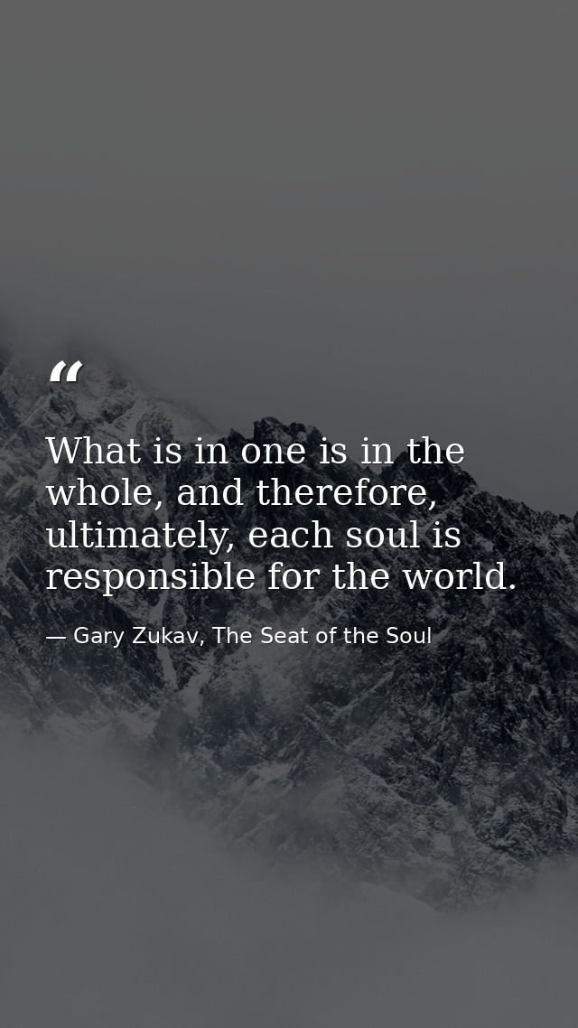 What is in one is in the whole, and therefore, ultimately, each soul is responsible for the world. — Gary Zukav, The Seat of the Soul