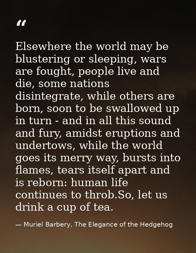 Elsewhere the world may be blustering or sleeping, wars are fought, people live and die, some nations disintegrate, whil — Muriel Barbery, The Elegance of the Hedgehog