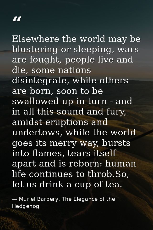 Elsewhere the world may be blustering or sleeping, wars are fought, people live and die, some nations disintegrate, whil — Muriel Barbery, The Elegance of the Hedgehog