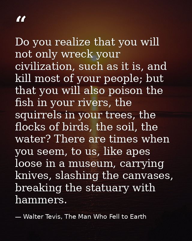 Do you realize that you will not only wreck your civilization, such as it is, and kill most of your people; but that you — Walter Tevis, The Man Who Fell to Earth