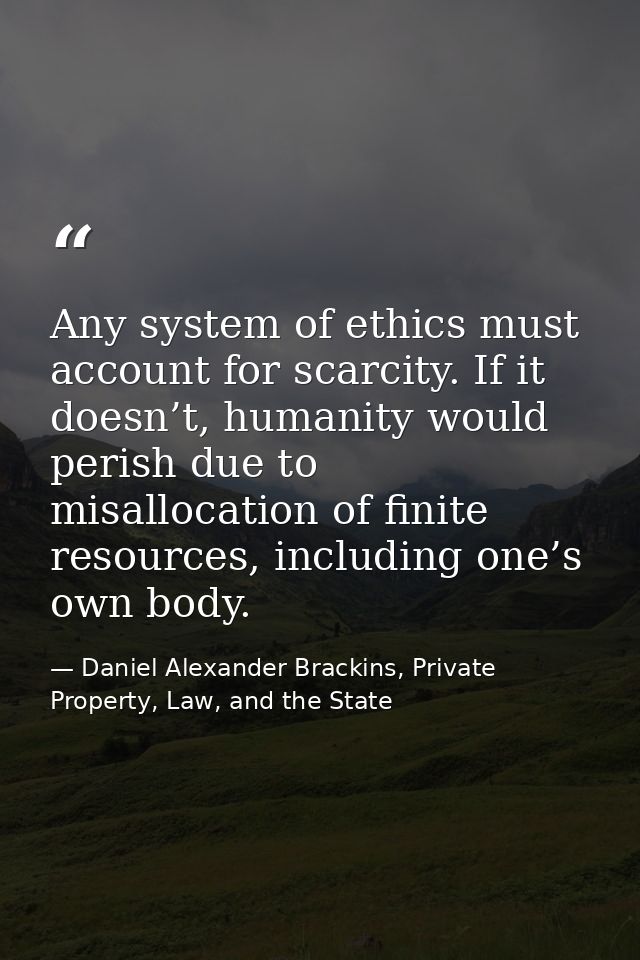 Any system of ethics must account for scarcity. If it doesn’t, humanity would perish due to misallocation of finite reso — Daniel Alexander Brackins, Private Property, Law, and the State