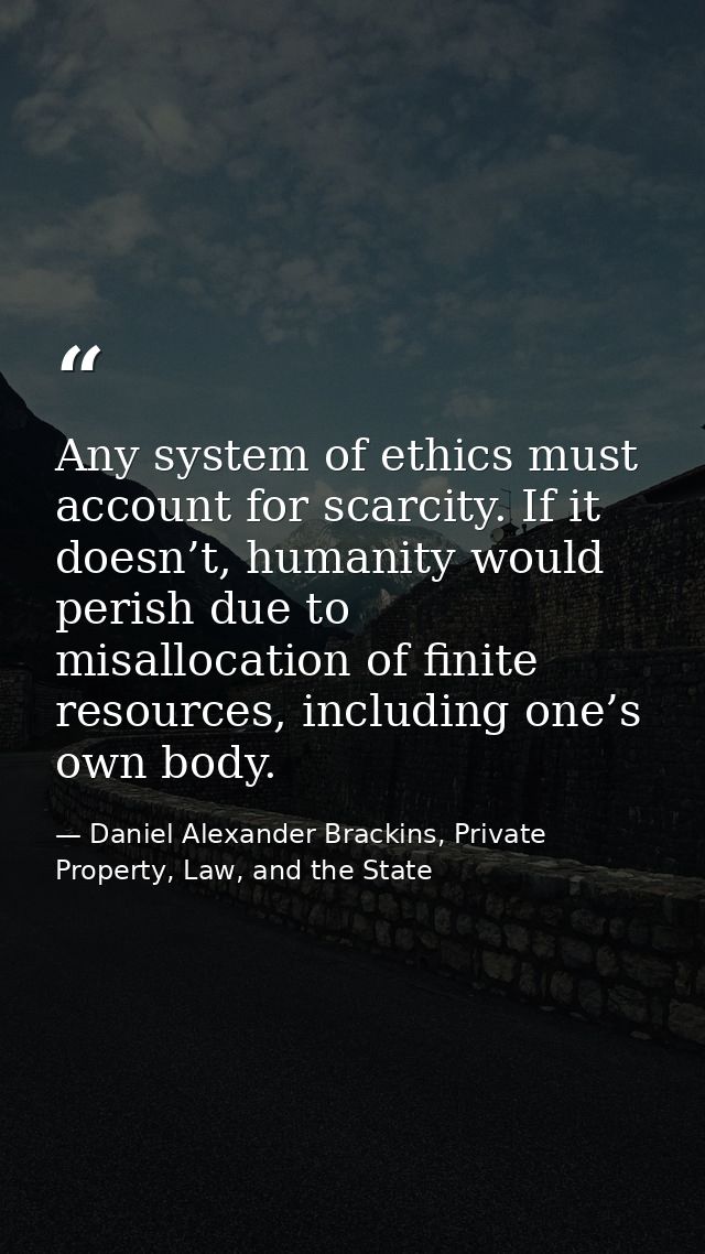 Any system of ethics must account for scarcity. If it doesn’t, humanity would perish due to misallocation of finite reso — Daniel Alexander Brackins, Private Property, Law, and the State