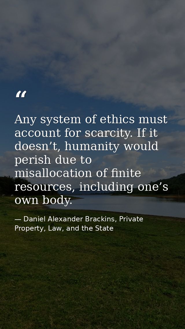Any system of ethics must account for scarcity. If it doesn’t, humanity would perish due to misallocation of finite reso — Daniel Alexander Brackins, Private Property, Law, and the State