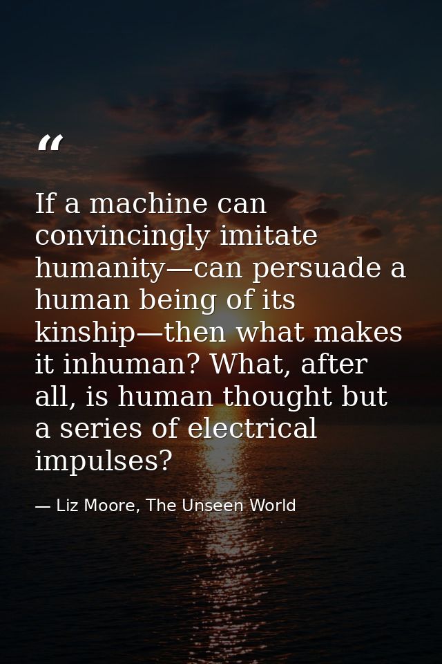 If a machine can convincingly imitate humanity—can persuade a human being of its kinship—then what makes it inhuman? Wha — Liz Moore, The Unseen World