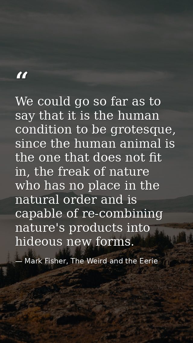 We could go so far as to say that it is the human condition to be grotesque, since the human animal is the one that does — Mark Fisher, The Weird and the Eerie