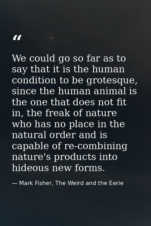 We could go so far as to say that it is the human condition to be grotesque, since the human animal is the one that does — Mark Fisher, The Weird and the Eerie