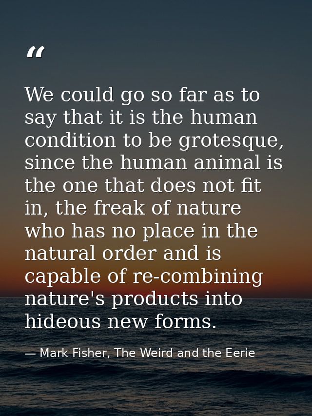 We could go so far as to say that it is the human condition to be grotesque, since the human animal is the one that does — Mark Fisher, The Weird and the Eerie