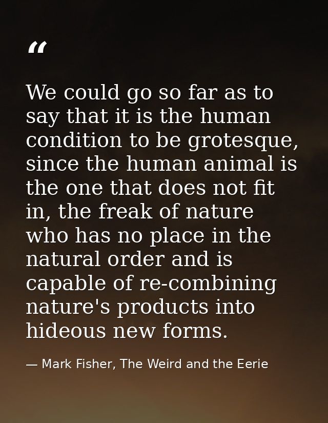 We could go so far as to say that it is the human condition to be grotesque, since the human animal is the one that does — Mark Fisher, The Weird and the Eerie