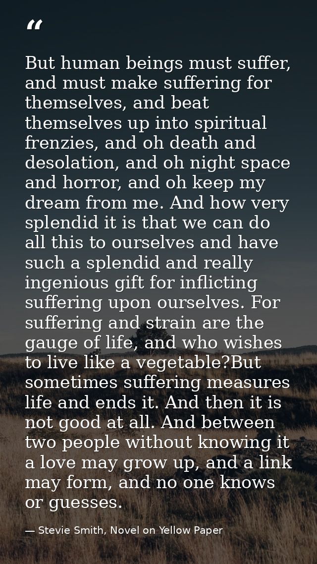 But human beings must suffer, and must make suffering for themselves, and beat themselves up into spiritual frenzies, an — Stevie Smith, Novel on Yellow Paper