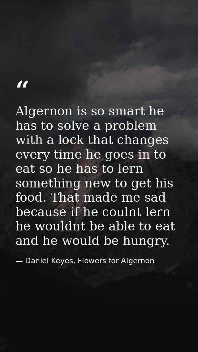 Algernon is so smart he has to solve a problem with a lock that changes every time he goes in to eat so he has to lern s — Daniel Keyes, Flowers for Algernon