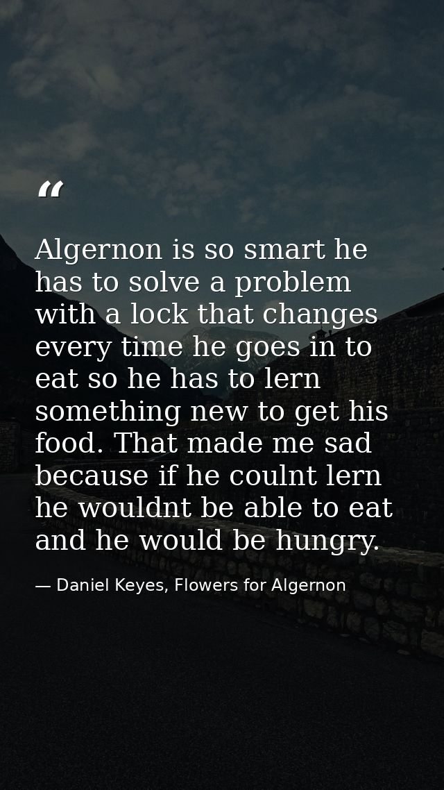 Algernon is so smart he has to solve a problem with a lock that changes every time he goes in to eat so he has to lern s — Daniel Keyes, Flowers for Algernon