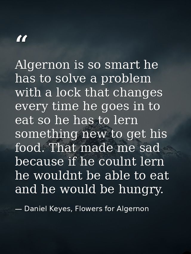 Algernon is so smart he has to solve a problem with a lock that changes every time he goes in to eat so he has to lern s — Daniel Keyes, Flowers for Algernon