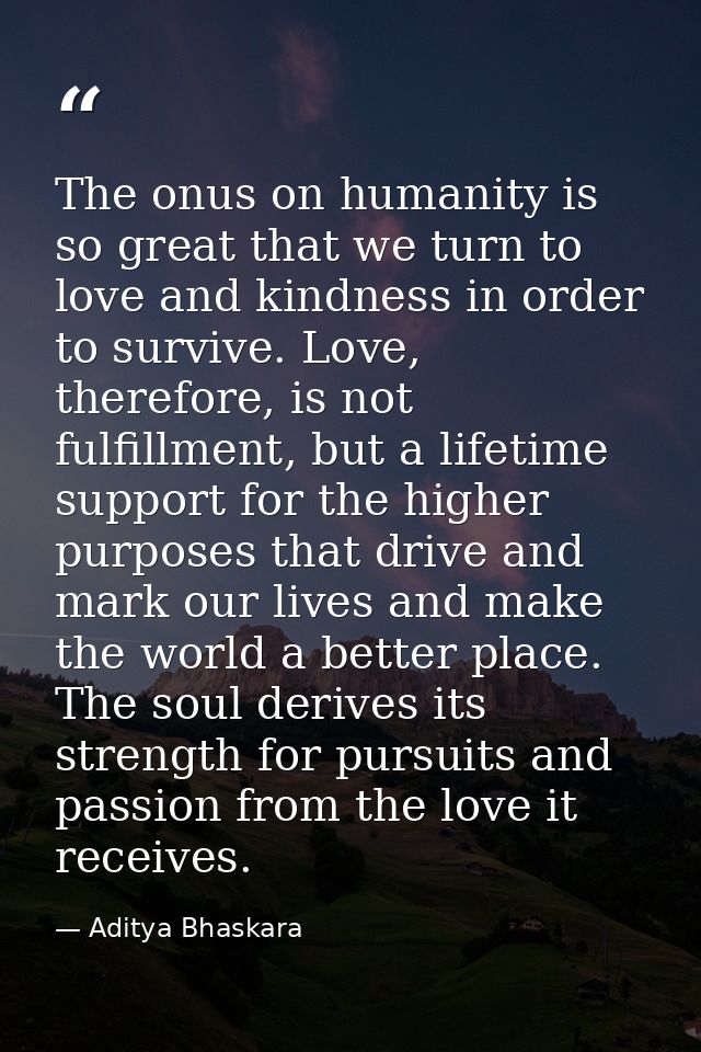 The onus on humanity is so great that we turn to love and kindness in order to survive. Love, therefore, is not fulfillm — Aditya Bhaskara