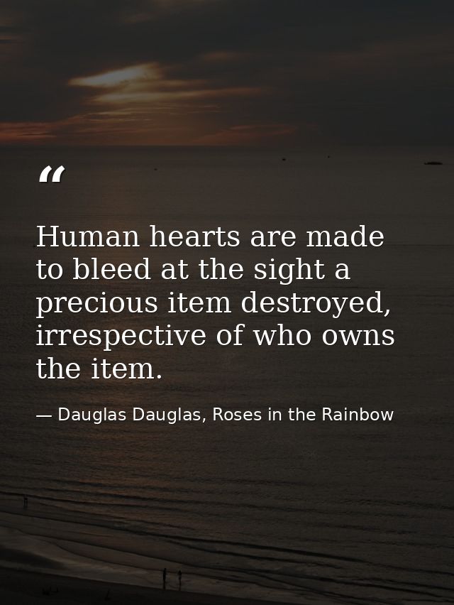 Human hearts are made to bleed at the sight a precious item destroyed, irrespective of who owns the item. — Dauglas Dauglas, Roses in the Rainbow