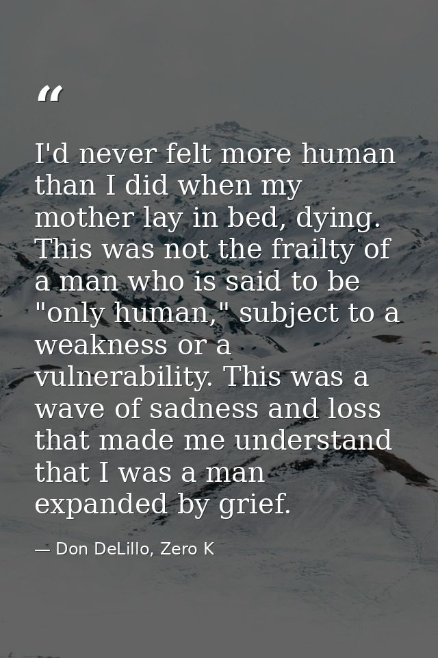 I'd never felt more human than I did when my mother lay in bed, dying. This was not the frailty of a man who is said to  — Don DeLillo, Zero K