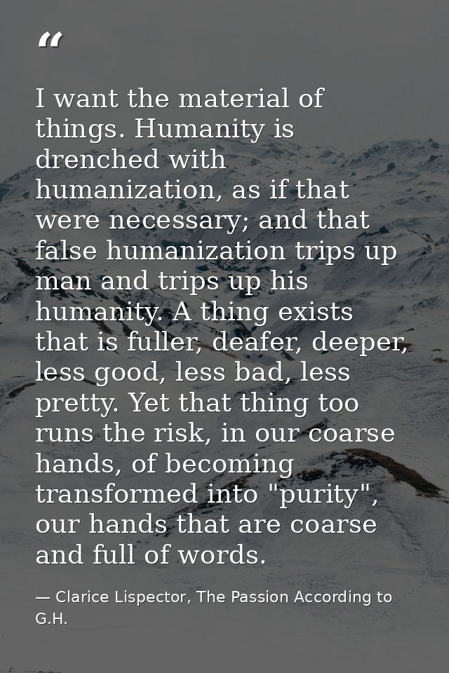 I want the material of things. Humanity is drenched with humanization, as if that were necessary; and that false humaniz — Clarice Lispector, The Passion According to G.H.