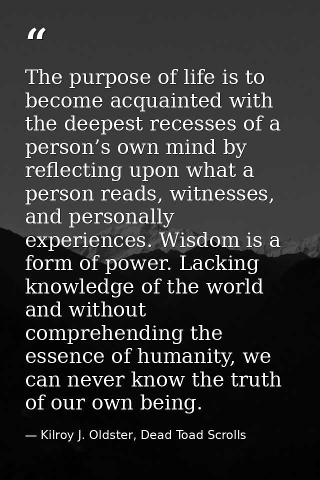 The purpose of life is to become acquainted with the deepest recesses of a person’s own mind by reflecting upon what a p — Kilroy J. Oldster, Dead Toad Scrolls