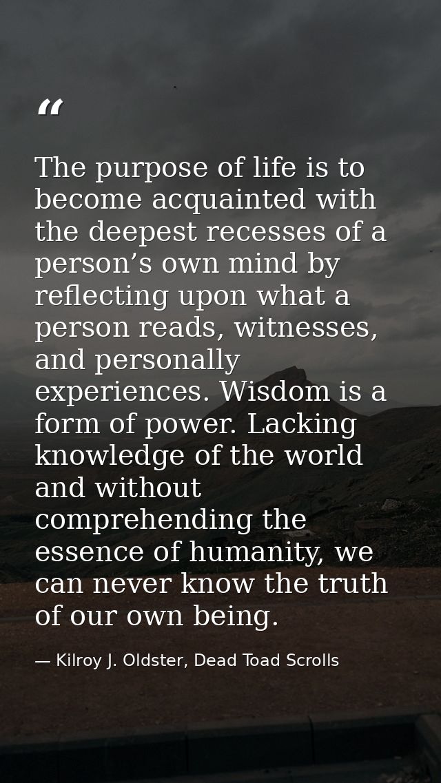 The purpose of life is to become acquainted with the deepest recesses of a person’s own mind by reflecting upon what a p — Kilroy J. Oldster, Dead Toad Scrolls
