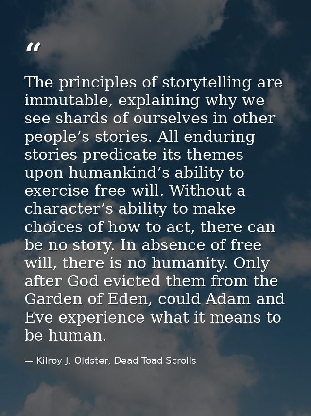 The principles of storytelling are immutable, explaining why we see shards of ourselves in other people’s stories. All e — Kilroy J. Oldster, Dead Toad Scrolls