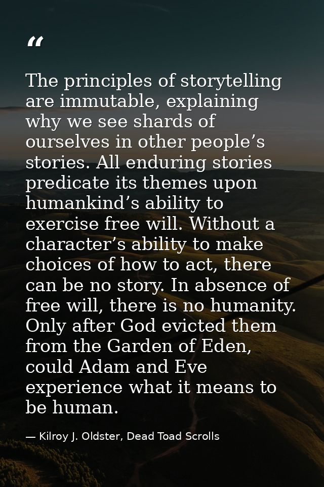 The principles of storytelling are immutable, explaining why we see shards of ourselves in other people’s stories. All e — Kilroy J. Oldster, Dead Toad Scrolls
