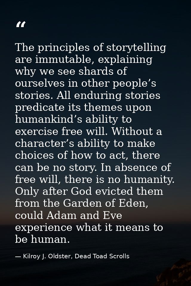 The principles of storytelling are immutable, explaining why we see shards of ourselves in other people’s stories. All e — Kilroy J. Oldster, Dead Toad Scrolls