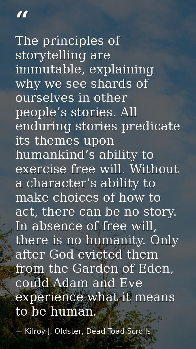 The principles of storytelling are immutable, explaining why we see shards of ourselves in other people’s stories. All e — Kilroy J. Oldster, Dead Toad Scrolls