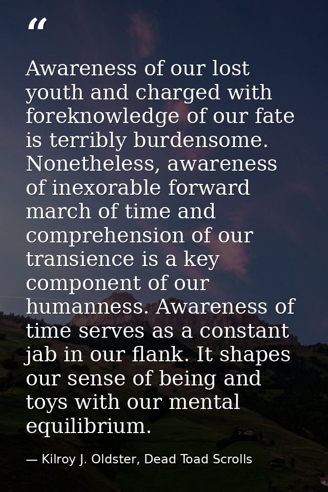 Awareness of our lost youth and charged with foreknowledge of our fate is terribly burdensome. Nonetheless, awareness of — Kilroy J. Oldster, Dead Toad Scrolls
