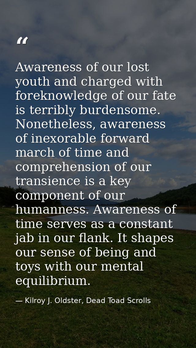 Awareness of our lost youth and charged with foreknowledge of our fate is terribly burdensome. Nonetheless, awareness of — Kilroy J. Oldster, Dead Toad Scrolls