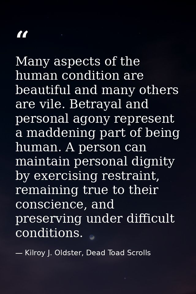 Many aspects of the human condition are beautiful and many others are vile. Betrayal and personal agony represent a madd — Kilroy J. Oldster, Dead Toad Scrolls