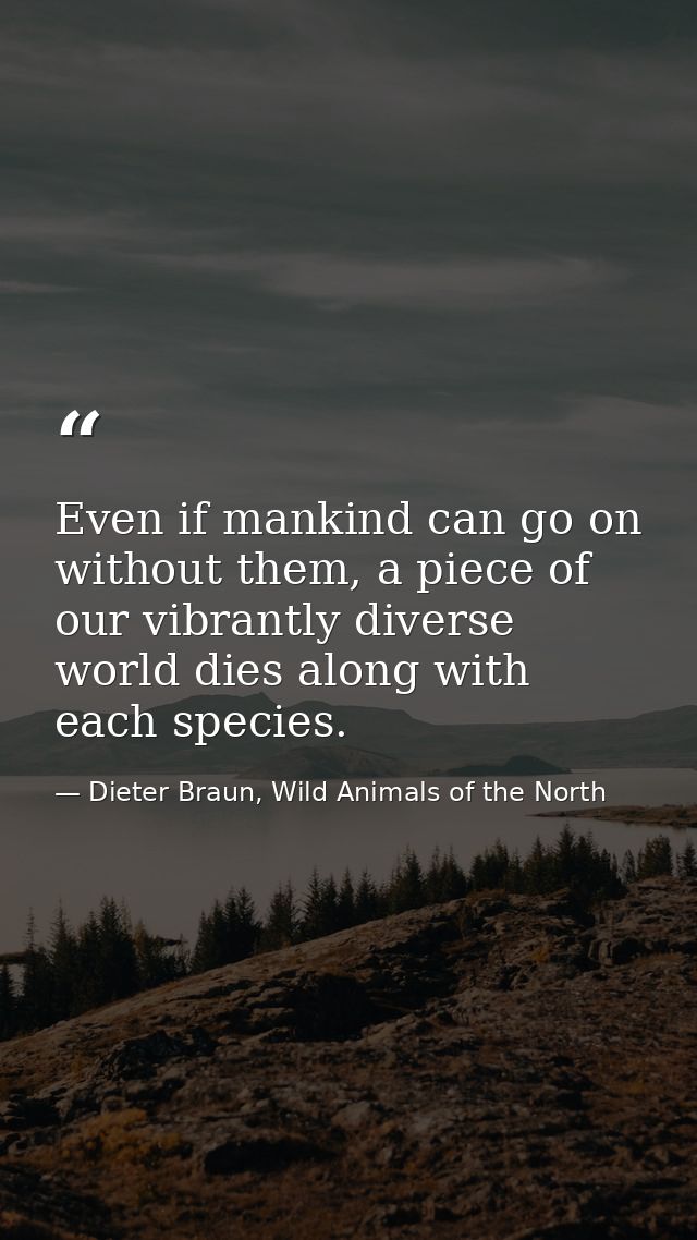 Even if mankind can go on without them, a piece of our vibrantly diverse world dies along with each species. — Dieter Braun, Wild Animals of the North