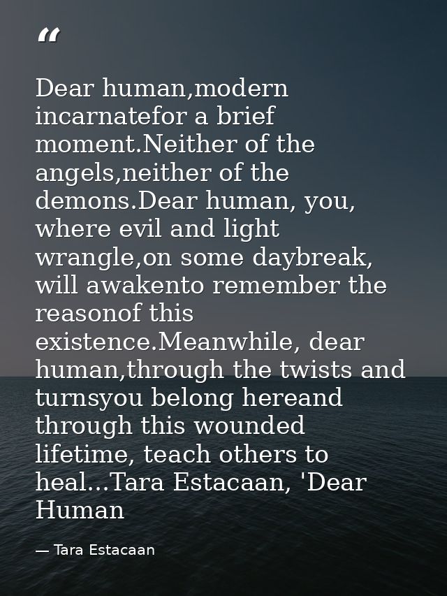 Dear human,modern incarnatefor a brief moment.Neither of the angels,neither of the demons.Dear human, you, where evil an — Tara Estacaan
