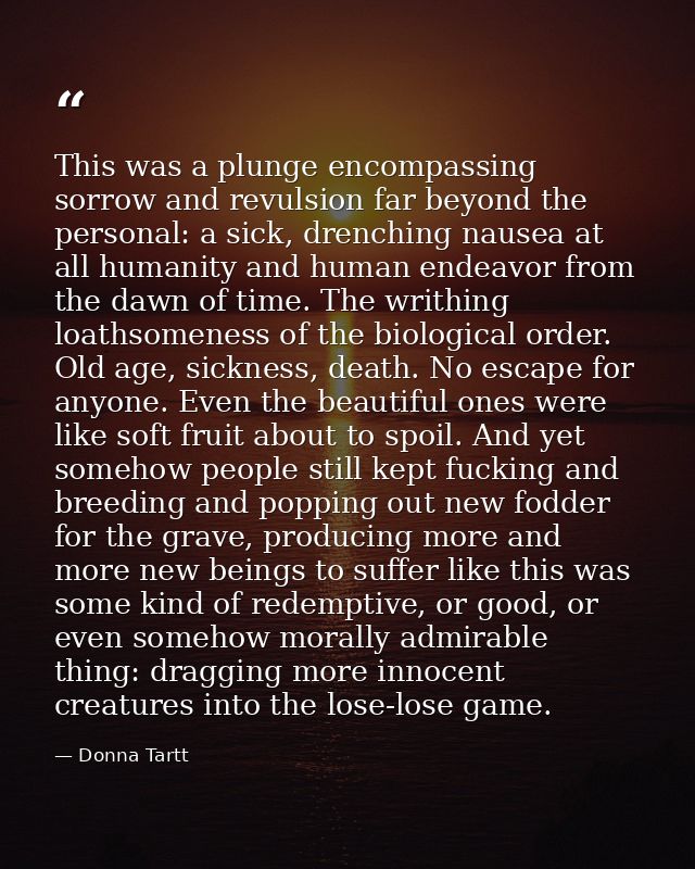 This was a plunge encompassing sorrow and revulsion far beyond the personal: a sick, drenching nausea at all humanity an — Donna Tartt