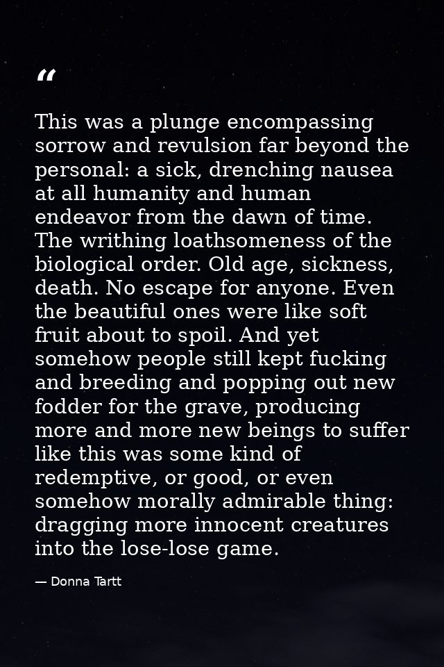 This was a plunge encompassing sorrow and revulsion far beyond the personal: a sick, drenching nausea at all humanity an — Donna Tartt