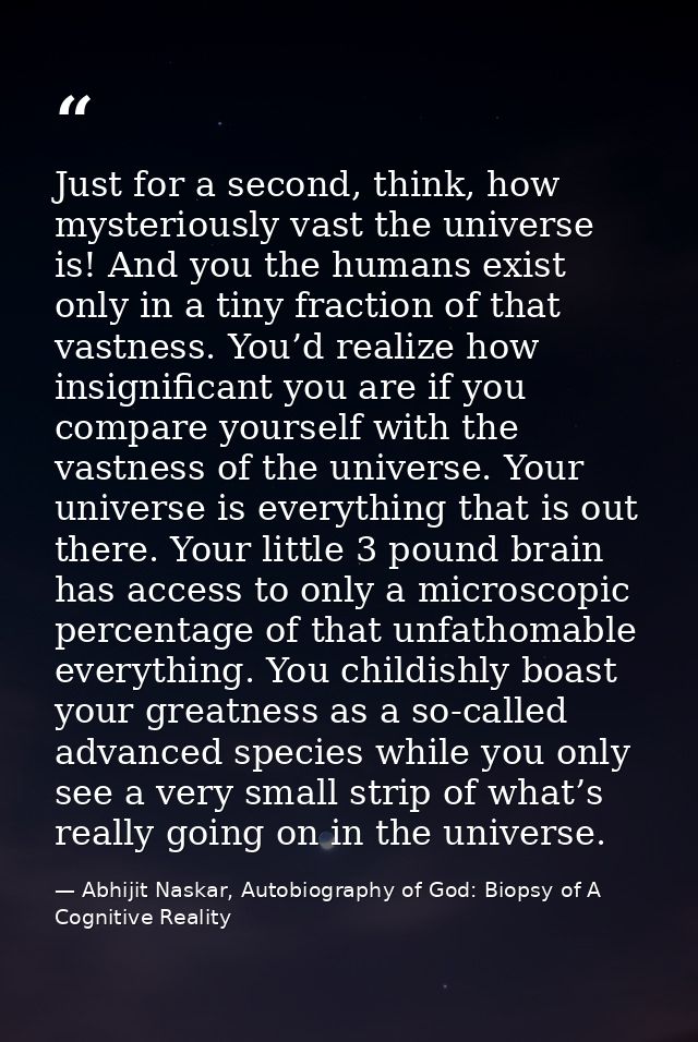 Just for a second, think, how mysteriously vast the universe is! And you the humans exist only in a tiny fraction of tha — Abhijit Naskar, Autobiography of God: Biopsy of A Cognitive Reality