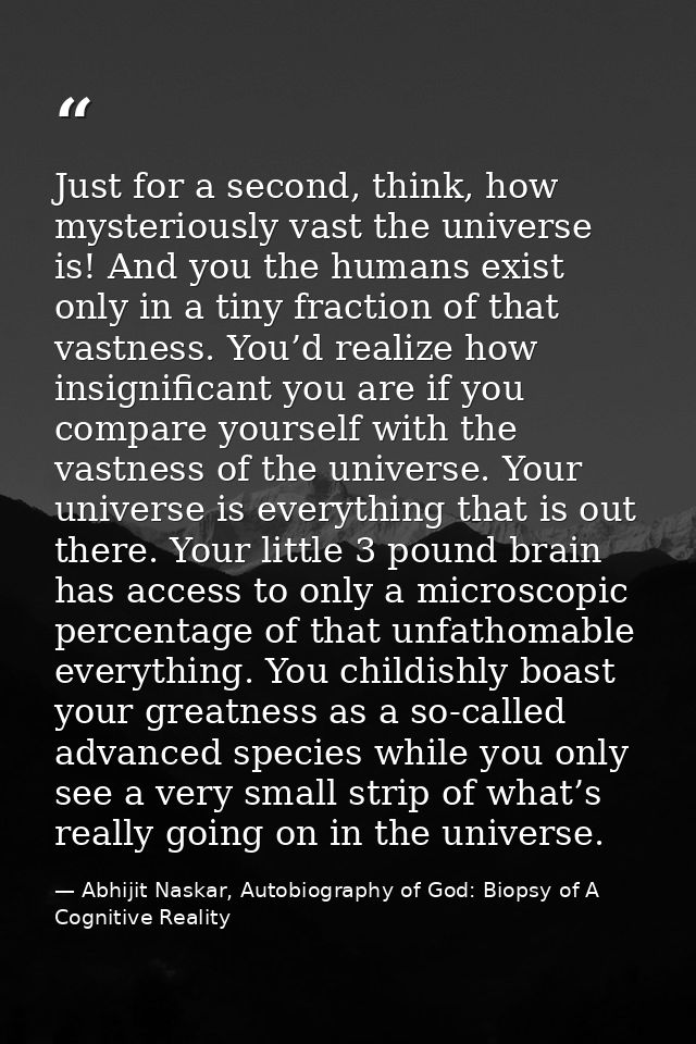 Just for a second, think, how mysteriously vast the universe is! And you the humans exist only in a tiny fraction of tha — Abhijit Naskar, Autobiography of God: Biopsy of A Cognitive Reality