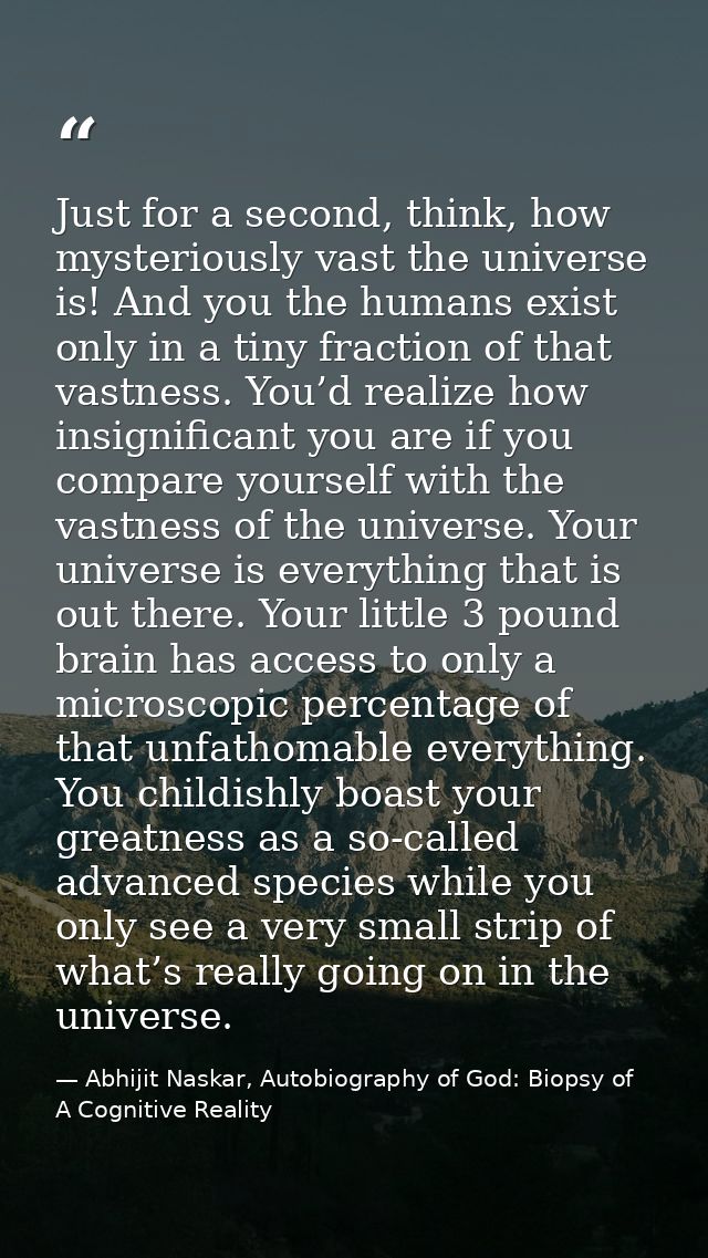 Just for a second, think, how mysteriously vast the universe is! And you the humans exist only in a tiny fraction of tha — Abhijit Naskar, Autobiography of God: Biopsy of A Cognitive Reality