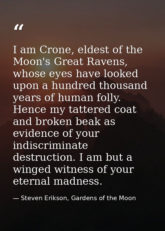 I am Crone, eldest of the Moon's Great Ravens, whose eyes have looked upon a hundred thousand years of human folly. Henc — Steven Erikson, Gardens of the Moon